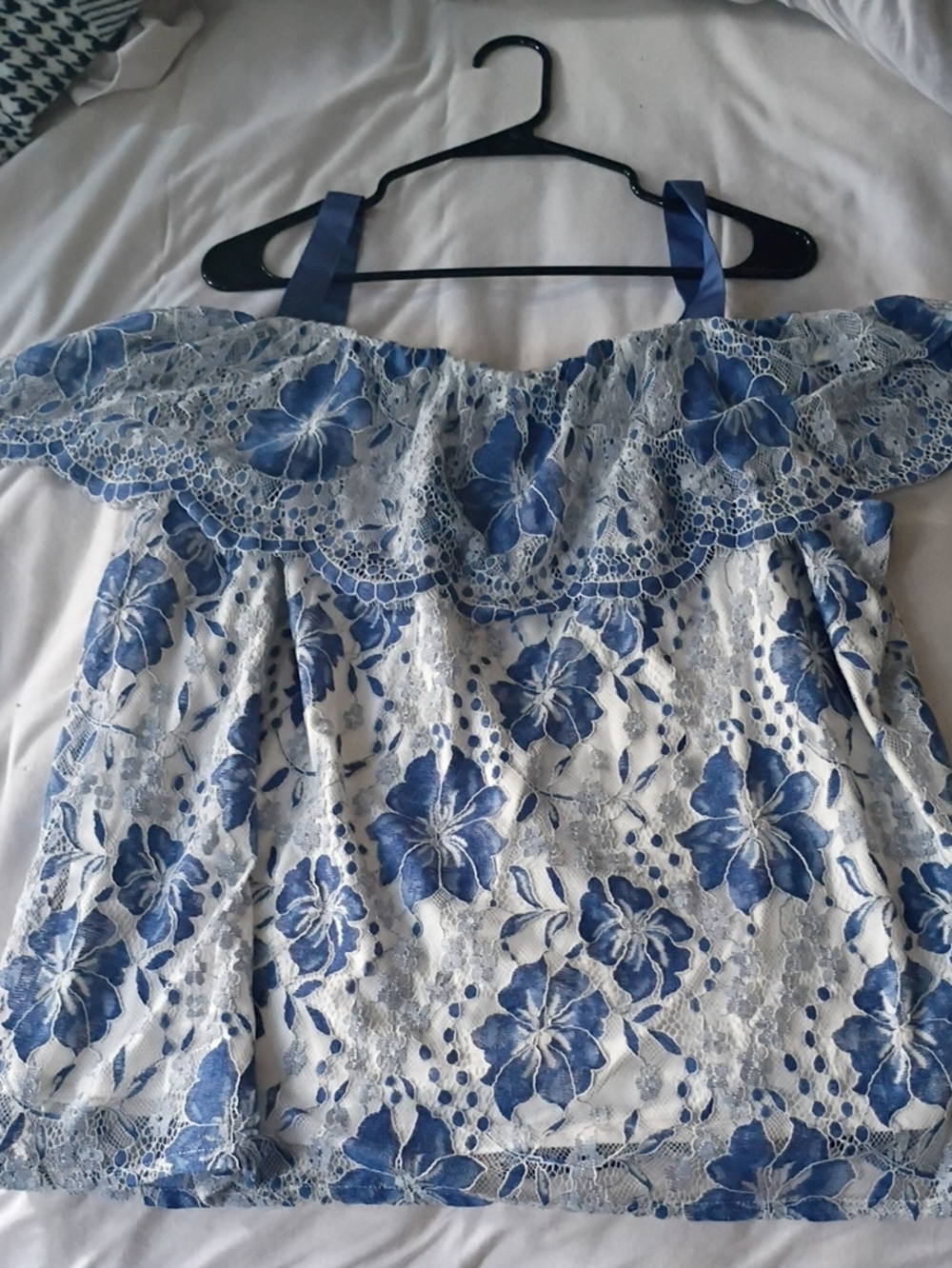 Lane Bryant White & Blue Floral Off-Shoulder Lace-Trim Tunic Top